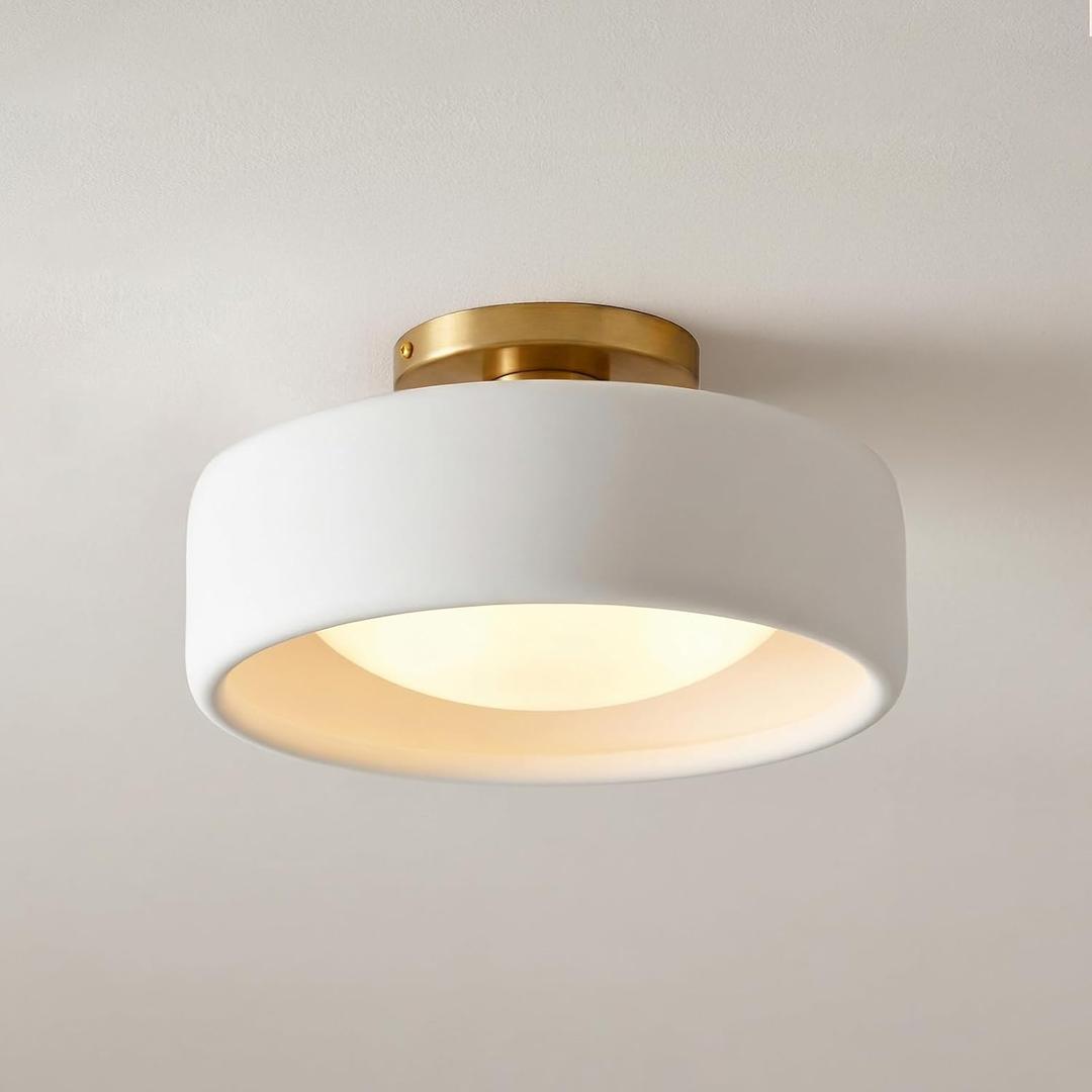 Modern Ceramic Flush Mount Ceiling Light, White, 14"W x 14"L x 6.8"H