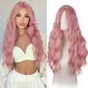 Haloo Pink Wigs with Curtain Bangs for Women - Long Wavy Middle Part Natural Looking Synthetic Hair Wig for Daily Party Cosplay Costume, 26 Inch