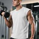 Mens Gym Tank Tops Sleeveless Shirts Cut Off Quick Dry Muscle Shirt Running Beach Loose Fit Tee (White, L)