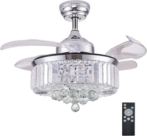 DuMaiWay 48" Chandelier Ceiling Fan with Lights, Fandelier, Retractable Crystal Ceiling Fan Chandelier with Remote Control LED Light for Bedroom Living Room Polished Chrome Silver 6 Speed 3 Light