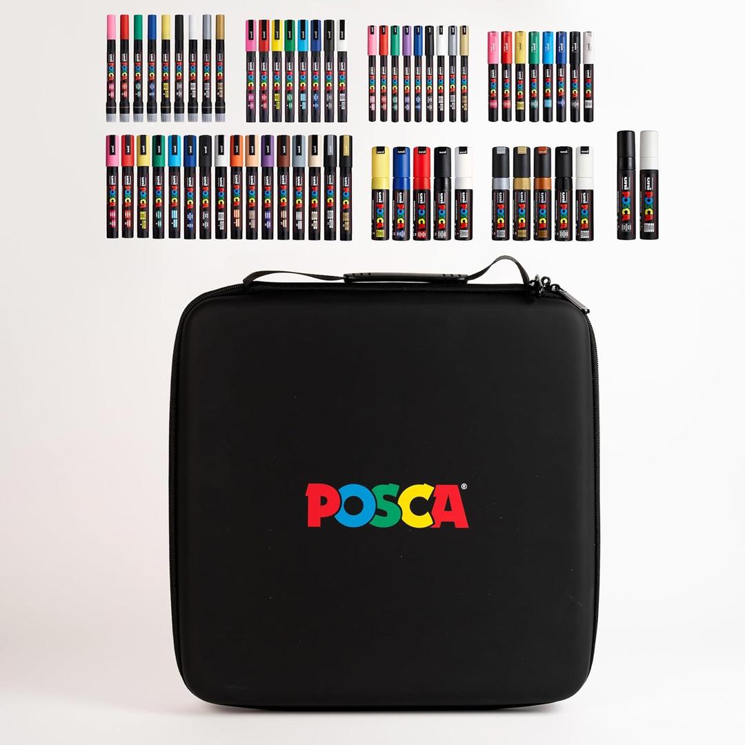 Posca Exclusive Acrylic Paint Markers Gift Set of 62 with Case, Great for Kids and Adults, For Coloring Decorations, Canvas, Glass or Wood, Includes 350, 1MR, 1M, 3M, 5M, 7M, 8K, & 17K