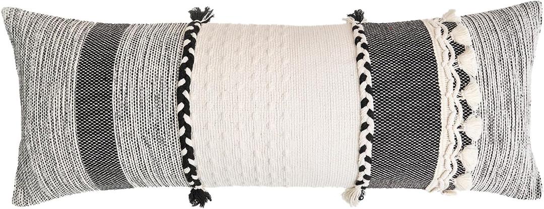 Long Lumbar Pillow Cover 14x36, Boho Long Decorative Pillows with Tassels Pillowcase, Modern Abstract Woven Body Pillow Cover for Sofa Bedroom Living Room Home Decor, Black + Off-White