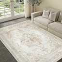 Vintage Area Rug 6x9 Indoor Living Room Beige Washable Medallion Large Carpet Traditional Retro Accent Throw Rug Low Pile Non Slip Distressed for Kitchen Office Dining Room Bathroom Bedroom (6' x 9' (Rectangular), Distressed | Beige)