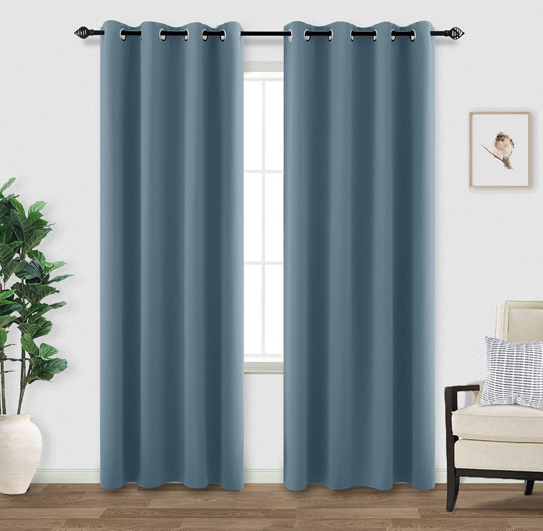 Dusty Blue Curtains for Living Room 1 Panel 84 Inch Length Blackout Window Coverings Treamtents Grommet Thermal Darkening Light Blocking Curtain Drapes for Bedroom,Stone Grey Blue,7FT/Feet Long