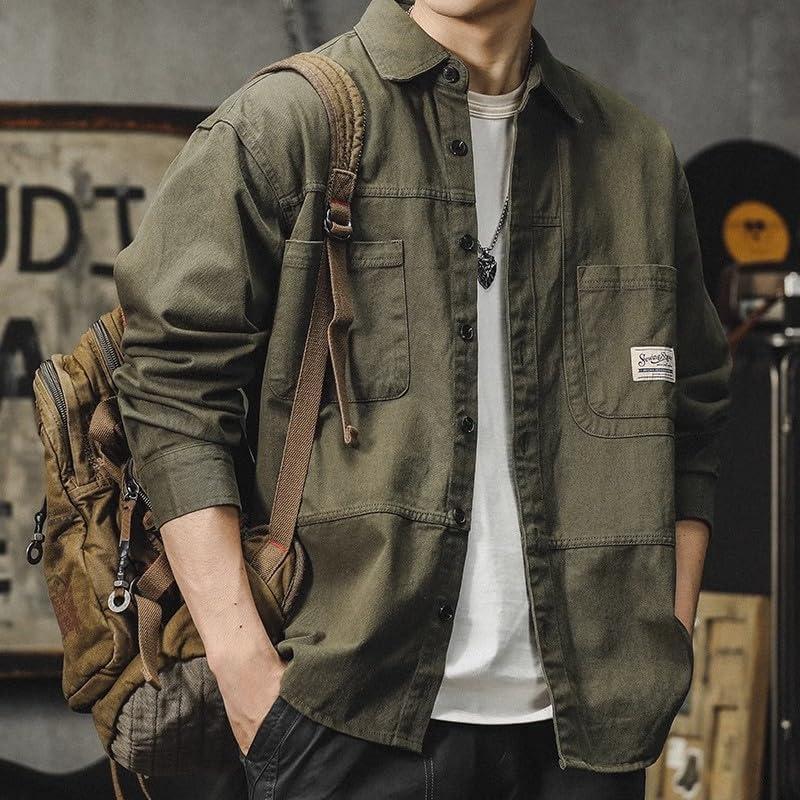 Mens Utility Shirt Jacket, Heavyweight Canvas Long-Sleeve Button-Front Workwear Top, L