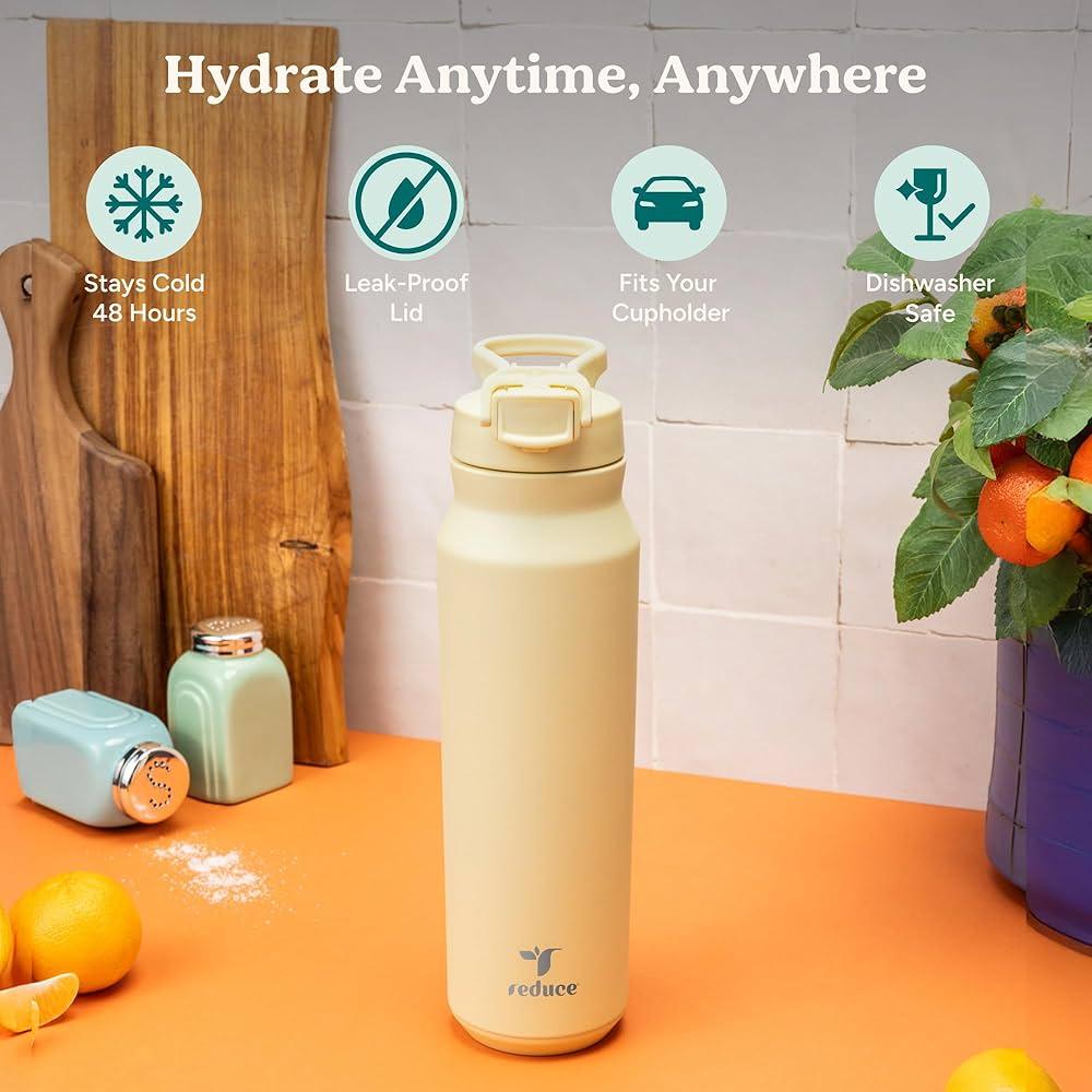 REDUCE Aura Vacuum Insulated 26 oz Water Bottle - Leak-Proof & Chug Spout for Quick Hydration - Keeps Drinks Cold for 30 Hours - Removable Handle for Travel or Gym - Soft Sit Base - Yellow Bud