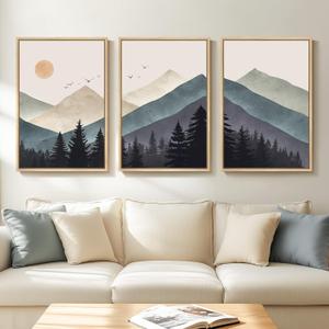 Framed Boho Mountain Landscape Wall Art for Living Room, Large Bohemian Forest Canvas Paintings Artwork for Walls, 3 Piece Nature Wall Picture for Hallway Bedroom Office Wall Decor, 24x36 Inch