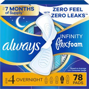 Always Infinity Feminine Pads for Women, Flexfoam Pads with Wings, Size 4, Overnight Absorbency, Unscented, 78 Count (3 Packs of 26)