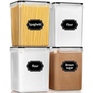 PRAKI Large Airtight Food Storage Containers 5.2L / 195oz, 4pcs Pantry Kitchen Organizers and Storage for Flour, Sugar, Baking Supplies, BPA Free, Plastic Flour Containers with 20 Labels & Maker (Black)