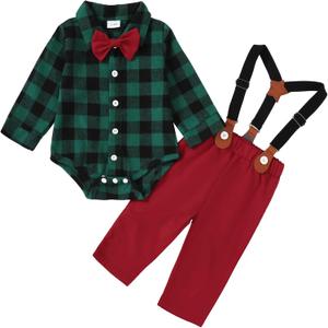 Baby Boy Outfit Plaid Gentleman Romper+Adjustable Suspenders Pants +Bowtie Baby Boy Clothes (3-6 Months)