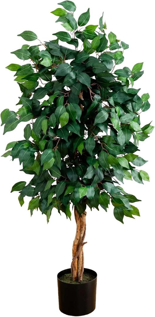Nearly Natural 4ft Triple Trunk Ficus Silk Tree with Natural Wood Trunks and Dense Foliage, Mid-Size Faux Floor Plant for Home and Office