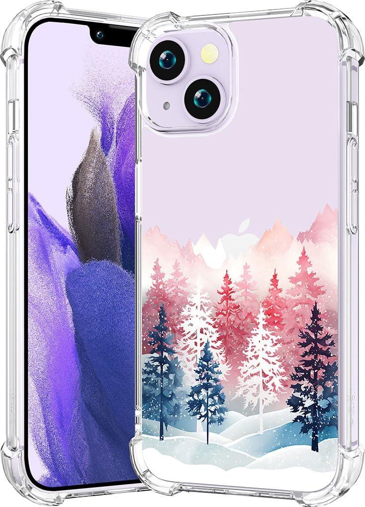 CCFUNCASE Compatible with iPhone 14 Plus Case Clear Cute for Women - Rugged Phone Cases Funda Protector Cover Skin (Pink Pine Trees Mountains)