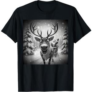 Funny Reindeer Selfie with Santa Merry Christmas Holiday Tee T-Shirt, Size: M