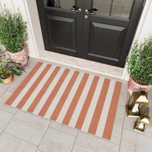 OJIA Front Door Rugs Washable 3'x5' Rug Outdoor Door Mat Entryway Rugs Striped Indoor Outdoor Rugs Cotton Woven Checkered Doormats Entrance Rug for Patio Porch Decor (Orange/White/Tan)