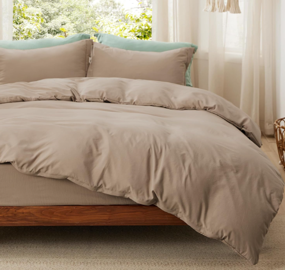 Bedsure Duvet Cover Queen Size with Fitted Sheet - 4 Pieces Prewashed Cotton-Like Extra Soft Bedding Set, Includes 1 Duvet Cover 90x90 Inches, 2 Pillow Shams, 1 Fitted Sheet, Beige