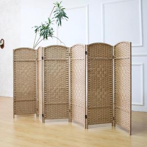 Furnnylane 6 Panel Rattan Divider Short Room Partition Screen,Double Sided Folding Divider for Room Separation,Light Brown,47.2" H x 94.5" W