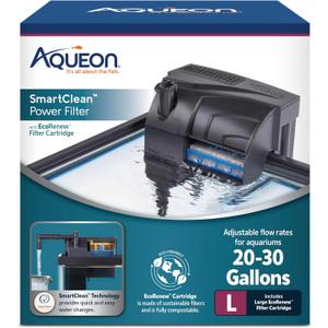 Aqueon SmartClean Power Filter with EcoRenew Filter Cartridge, Quick and Easy Water Changes, Quiet Operation, Adjustable Flow, for 20-30 Gallon Freshwater and Saltwater Aquariums, Large