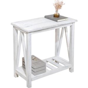 Farmhouse Narrow End Table Wooden Rustic White Side Tables with Storage Shelves Narrow Sofa Table for Small Spaces Living Room Bedroom Bathroom Dorm, 24 inches x 12 inches x 24 inches