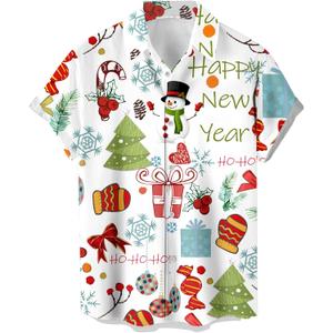 Men's Funny Christmas Shirts Short Sleeve Button Up Vacation Bowling Shirt (4X-Large, Christmas-white Happy New Year)