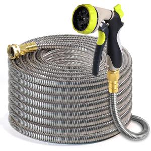 Metal Garden Hose 50 ft  304 Stainless Steel Water Hose with Nozzle Sprayer, Garden Hoses Flexible, Lightweight, No Kink, Heavy Duty for Outdoor (50 ft) (Silver)