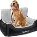 BurgeonNest Dog Car Seat for Large Dogs Under 55 lbs, Soft Pet Car Travel Home Bed, Fully Detachable and Washable Booster Carseats with Storage Pockets and Clip-On Leash Portable Carrier, Large, Black
