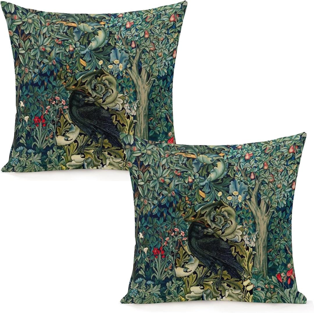 Set Of 2 William Forest Raven On Acanthus Leaves Blue Green Floral Morris Throw Pillow Covers 18x18 Inch Aesthetic Pillow For Bedroom Pillowcase Home Decor Living Room Cushion Case For Bed Sofa Couch 