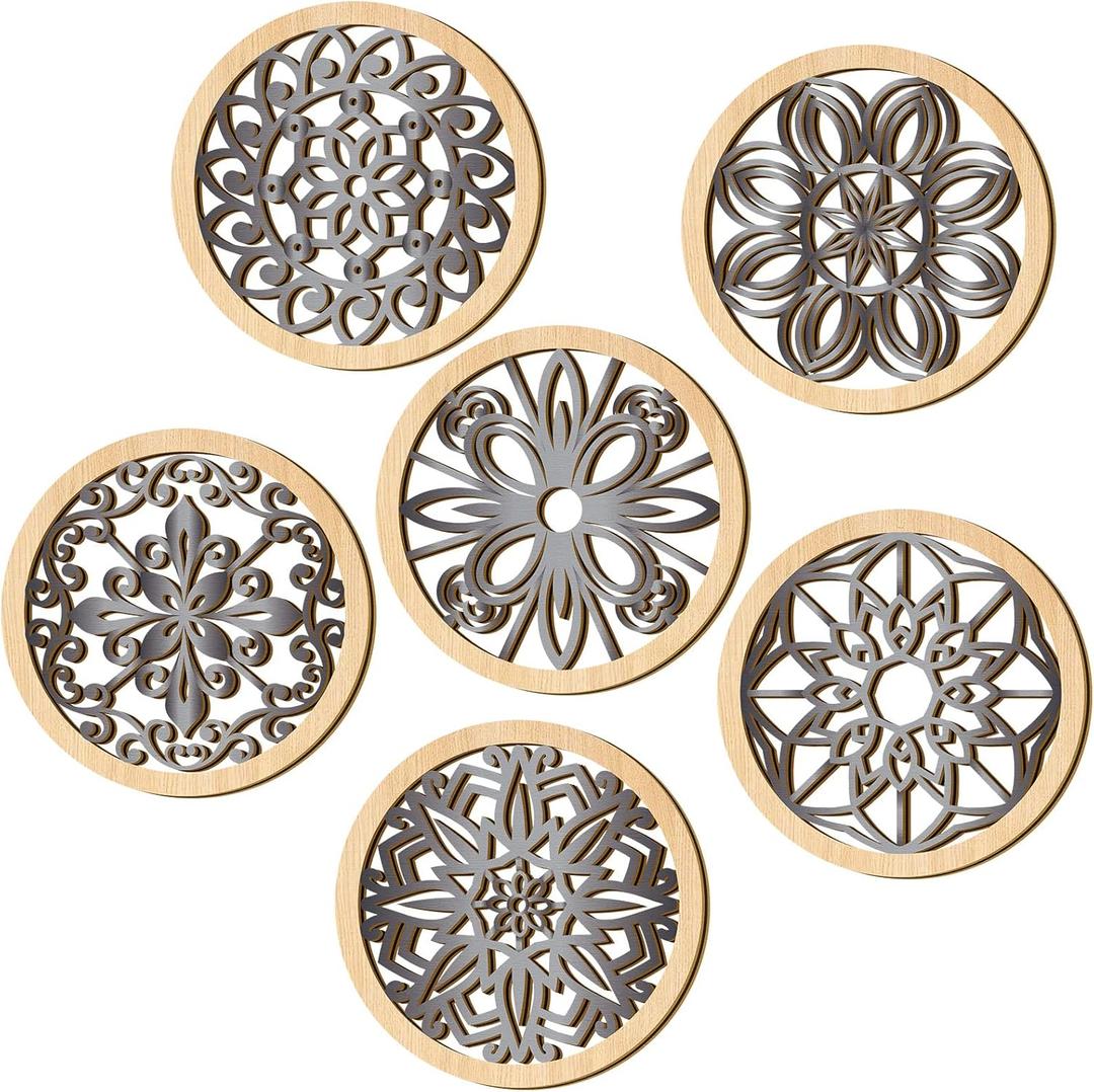 Ferraycle 6 Pieces Thicken Rustic Wall Decor Farmhouse Wall Art Wooden Round Art Hanging Decoration Hollow Carved for Living Room Bedroom Kitchen Office Apartment Hallway(Wood Color)