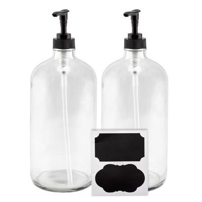 32oz Clear Glass Pump Bottles (2-Pack); Quart Size Soap Dispensers w/Black Plastic Lotion Locking Pumps