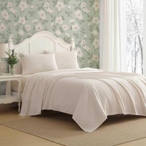Laura Ashley - Flannel Sheets Twin Size, Anti-Pilling & Wrinkle Resistant Cotton, Touchably Soft for All-Season Comfort - Bed Sheets with Matching Pillowcase & Fitted Sheet (Oxfordshire Stripe Beige)