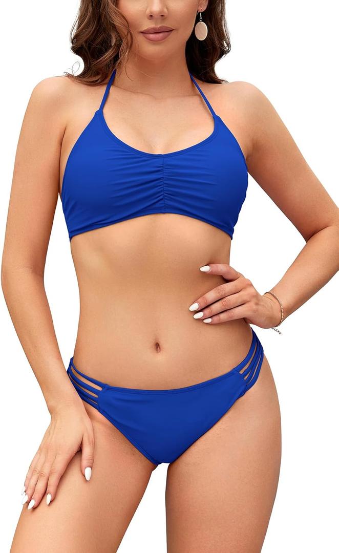 SHEKINI Womens Bikini Padded Cutout Strappy Halter Swimsuits Two Piece Bathing Suits (X-Large, Laguna Blue)