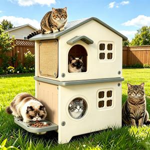 Outdoor Cat House with Insulated Liner, Weatherproof for Feral Multi Cat, 2 Story Plastic Elevated Cat Shelter with Escape Door, Scratching Post, Stainless Steel Bowl, Grey 21.5" D x 21" W x 34" H