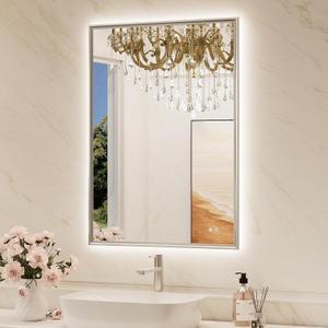 TokeShimi 24"x 36" Bathroom Mirror Backlit with Brushed Nickel Frame, Dimmable Backlight LED Lighted Vanity Mirror with Shatter-Proof, Memory, 3 Colors, Anti-Fog Mirror with HD Tempered Glass