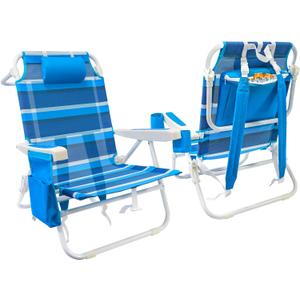 Beach Chair 2 Pack, 5 Positions Textilene Folding Reclining Beach Chair with Backpack Straps, Cooler Bag & Cup Holder for Outdoor Lawn Camping (Blue Stripe)