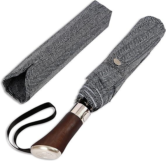 Balios (Designed in UK) Travel Umbrella Luxurious Golden Hardwood Handle Auto Open & Close Windproof Frame Single Canopy Automatic Folding Umbrella Men's & Ladies