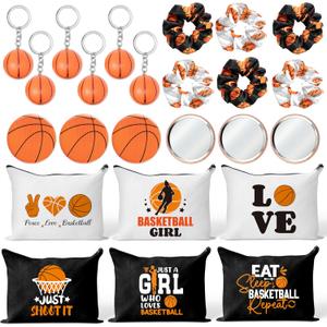 Y1tvei Basketball Party Favors Gifts - 30Pcs Basketball Makeup Bags Include Compact Mirrors Scrunchies Keychain, Stylish Cosmetic Pouch Team Sports Accessory Gift for Women Birthday Basketballs Party