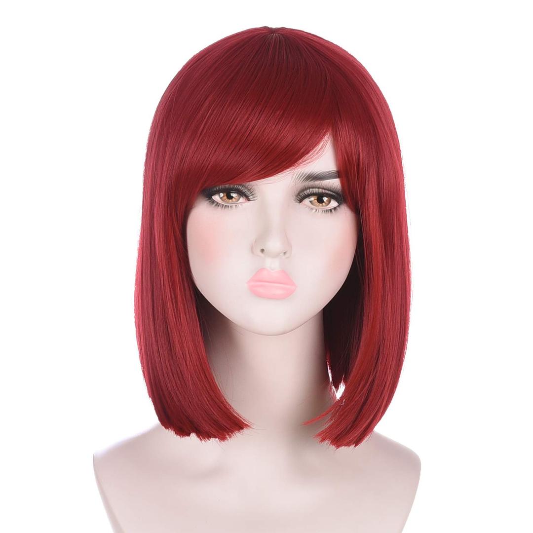 Morvally Short Straight Deep Red Bob Wigs with Bangs for Womens Girls Cosplay