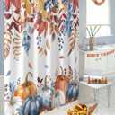 Fall Thanksgiving Shower Curtain Watercolor Autumn Pumpkins Eucalyptus Leaves Waterproof Shower Curtain with Hooks Blue Orange Shower Curtains for Bathroom, Hotel, Stalls, Bathtubs, 72x72 Inch