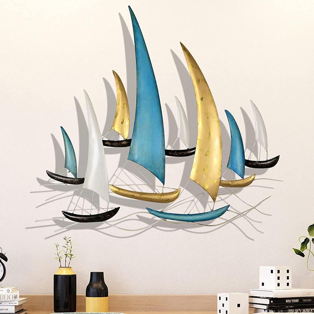 Edaknez Large Metal Ship Wall Art, Metal Sailboat Wall Decor, Coastal Nautical Wall Art Decor, 3D Boat Wall Hanging, for Living Room Bedroom Indoor Outdoor (Modern Color)