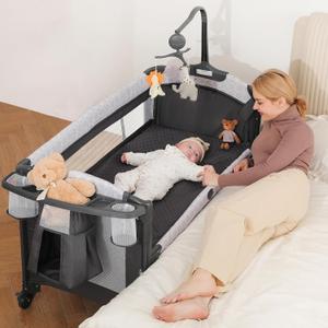 4 in 1 Wide Baby Bassinet Bedside with Diaper Changer,Long Next to Bed Crib with Mattress,Sheet,Music and Blackout Cover,Playpen Travel Bed with Storage,XL Co Sleeper with 3 Adjustable HeightAmazon's Choice