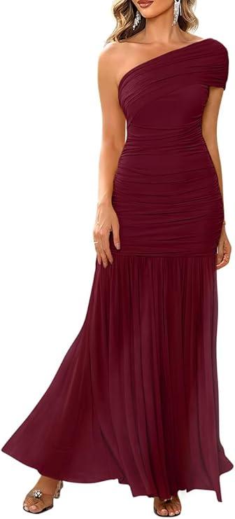 LAGSHIAN Women's Elegant Formal Long Dress One Shoulder Sleeveless Ruched Bodycon Evening Dress S