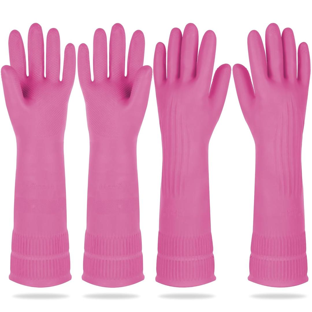 Mamison 2 Pairs Reusable Waterproof Household Dishwashing Cleaning Rubber Gloves, Non-Slip Kitchen Glove (Pink, Large (Pack of 2))