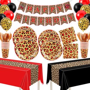 THAWAY 210Pcs Cheetah Print Birthday Decorations, Leopard Birthday Decorations Includes Cheetah and Cherry Print Balloons, Tableware, Banner Red and Black Party Decorations for 24 Guests