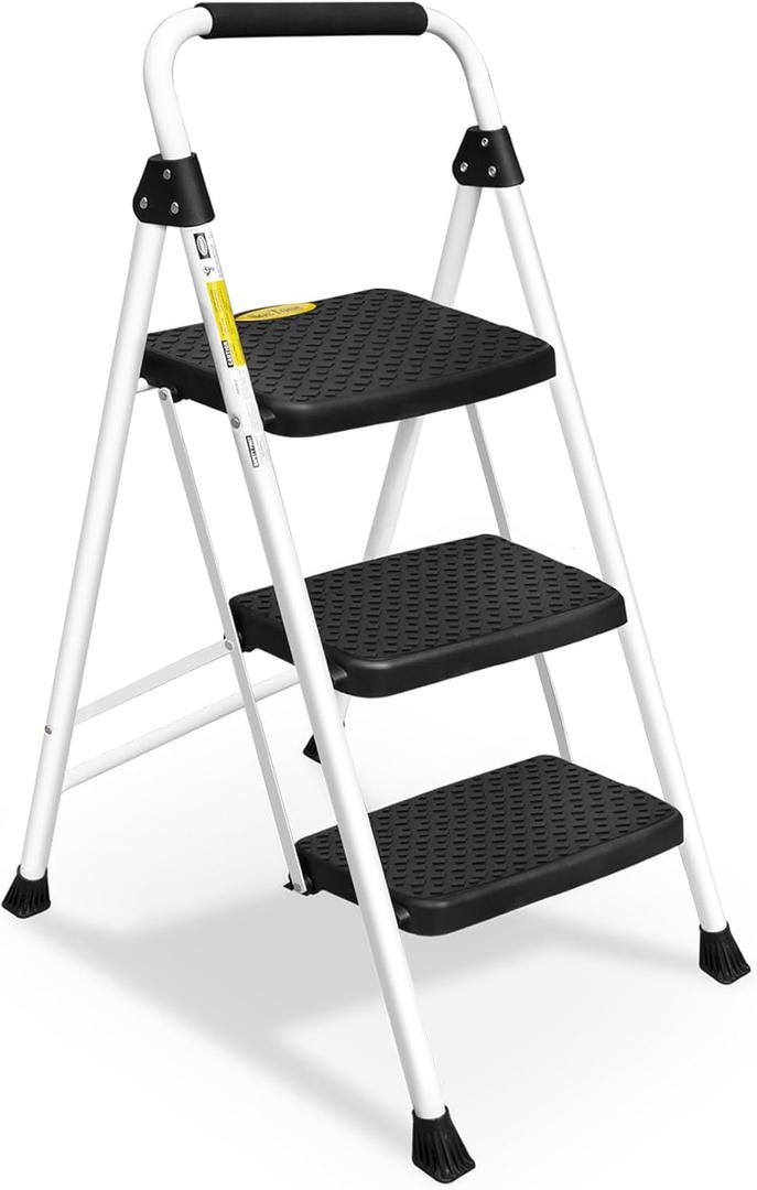 HBTower Step Ladder, Folding Step Stool with Wide Anti-Slip Pedal, Sturdy Steel Ladder, Convenient Handrail, Lightweight, Portable Steel Step Stool (White)