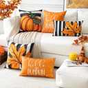2 x Artscope Fall Decorative Throw Pillow Covers 20x20 Inch Set of 4 Fall Gifts for Home Decor, Striped Autumn Pumpkin Maple Leaves Harvest Decoration Pillow Cases for Home Sofa Couch Decor-Orange B