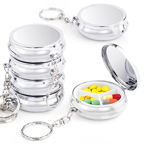 4 Pack Metal Pill Case Round Medicine Holder Container Keychain Mini Drug Tablet Organizer Box with 3 Compartments for Pocket Purse Travel Outdoor Daily