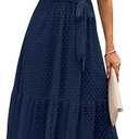 BTFBM Women Summer Bohemian Floral Casual Wrap V Neck Ruffle Cap Sleeveless Belt A-Line Pleated Hem Midi Sun Dress Swiss Dot Navy Blue XXL