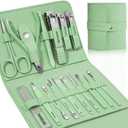 Manicure Set Professional Nail Clippers Pedicure Kit, 16 pcs Stainless Steel Nail Care Tools Grooming Kit with Luxurious Travel Leather Case for Thick Nails Men Women Gift (Green)