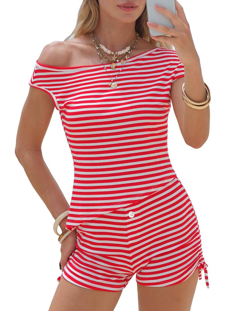 EXLURA Women 2 Piece Summer Outfits Casual Striped Lounge Set Ribbed Knit Off Shoulder Short Sleeve Top and Drawstring Shorts (Red, S)