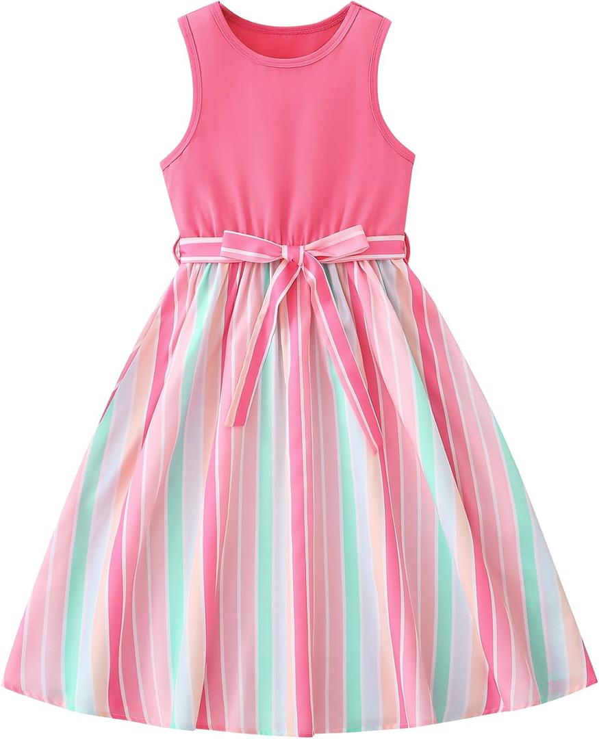 Hilinker Girls Rainbow Sleeveless Pleated Dress Summer Tie Knot Tank Dresses with Belt Pink Multicolor, 7-8 Year