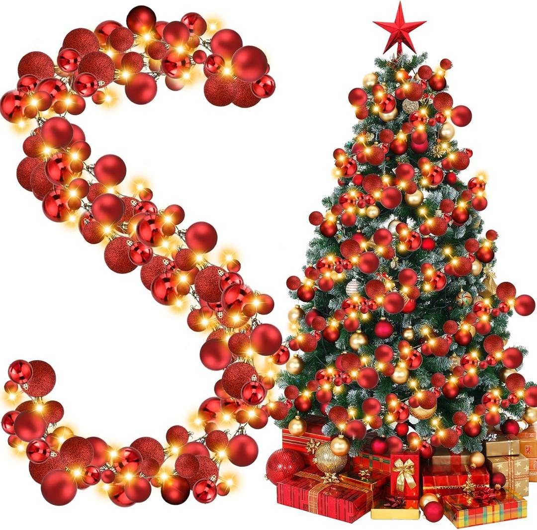 Jenaai 6 Ft Christmas Bulb Ball Garland with LED Lights Christmas Lighted Bulb Garland Ornament Xmas Tree Balls Decor Hanging Balls Decoration for Tree Fireplace (Red)